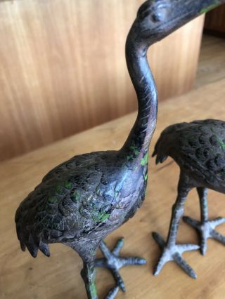 Pair Vintage Metal Cranes Birds 19th C.  ? Heavy Old Paint Patina 2