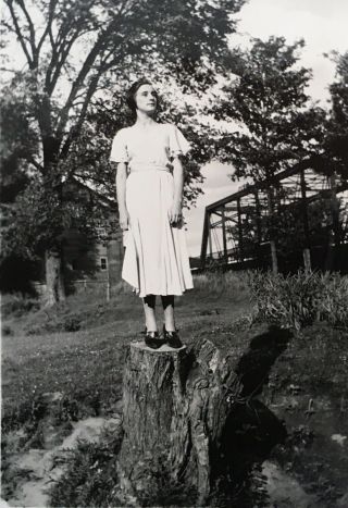 Vintage 1930’s Photo Young Lady Dorothy Koop Stands On Stump Jeromesville Ohio