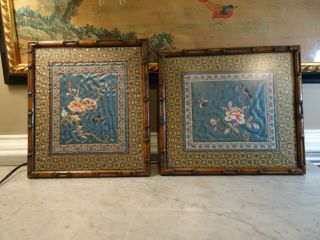 Vintage Asian Chinese Silk Embroidery Panels Bird Flowers Framed Set Of 2