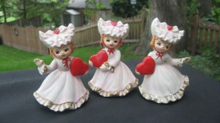 Sweet Set Of Three Vintage Lefton Japan Valentine Girls With Hearts Figurines