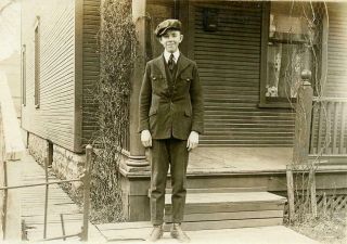Pp266 Vtg Photo Rppc Boy In Suit With Newsboy Cap,  Porch C Early 1900 