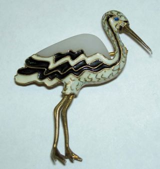 Vintage Chinese Vermeil Silver 925 Gold Gilt White Jade Crane Bird Pin Brooch