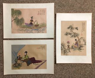 Set Of 5 Chinese Watercolor On Silk Paintings Beauties Music & Birds Artist Seal