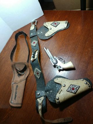 Vintage Kids Western Cowboy Toy Gun Real Leather Studs Red Gem Holster Set Belt