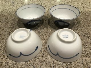 Koi Fish Carp Rice Soup Bowls Blue & White Set Of 4 Chinese Porcelain - Ec