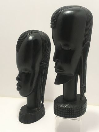 Vintage Hand Carved Wood African Man & Woman Head Statue Bust Dark Eb Wood Kenya