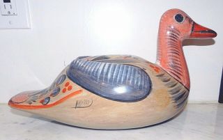 Vtg.  Large Tonala Mexican Pottery Hand Painted Duck 16 " Signed Mexico Folk Art