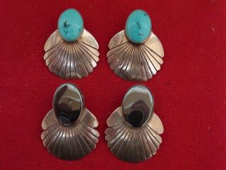 Large 2 - Pair Vintage Sterling Silver Turquoise & Other Earrings