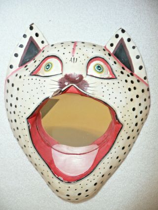 Vtg Folk Art Hand Carved & Painted Wood Wall Mask Cat W/ Mirror Mouth Indonesia