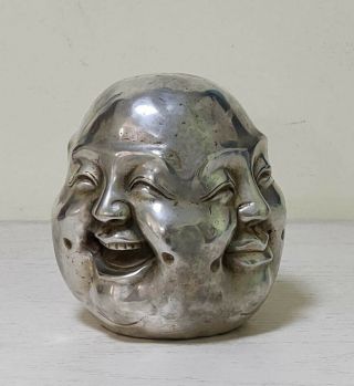 11.  5cm Antique Old Tibet Silver Bronze Buddha Statue 4 Faces Head Figures