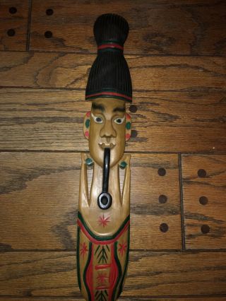 Tribal Mask Of Man Smoking Pipe Vintage Wood Hand Carved