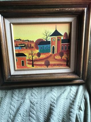 20 " X 16 " Jonas Bradford Framed Vintage Folk Art Oil On Canvas Church &village