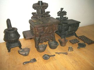 3 Vintage Cast Iron Wood Burning Stoves Miniature Toy Set & Parts