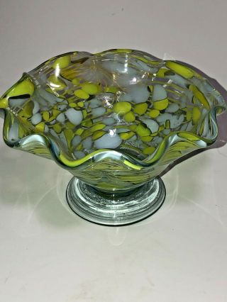 Vintage Art Blown Glass Ruffled Candy Dish Yellow Green Footed Dish