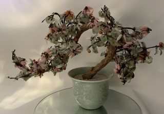 Vintage Chinese Jade Bonsai Glass Flowers Tree In Ceramic Pot Asis