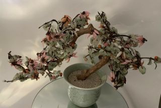 Vintage Chinese Jade Bonsai Glass Flowers Tree in Ceramic Pot AsIs 2