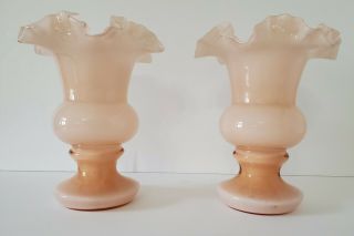 Vintage Fenton Pink Rose Opalescent Ruffled Edge Bulbous Vases.  Set