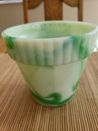 Vintage Akro Agate Green And White Flower Pot,  Vase,  Bowl,  4 Inches Tall Score