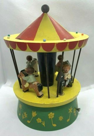Old Vintage Celluloid & Painted Wooden Horse Carousel Musical Wind Up Toy 1950 