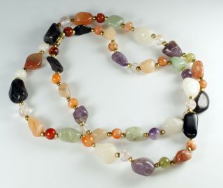 Vintage Chinese Amethyst Mixed Agate Quartz Gem Stone Bead Necklace 30 "