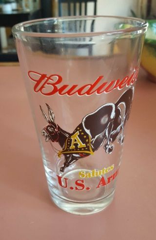 Budweiser Beer Glass,  " Budweiser Salutes The Us Army " Logo,  With Donkey Kicking