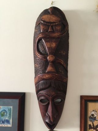 Large Antique Native Wooden Hand Carved Mask,  29.  8 Inches