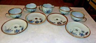 Ken Edwards Tonala Mexican Pottery 4 Cups 4 Saucers,  Creamer - Birds Butterflies