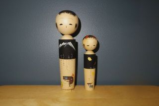 Set Of 2 Vintage Japanese Wooden Dolls Kokeshi Painted Signed Hand 8 1/4 " 5 3/4 "