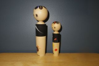 Set of 2 Vintage Japanese Wooden Dolls Kokeshi Painted Signed Hand 8 1/4 