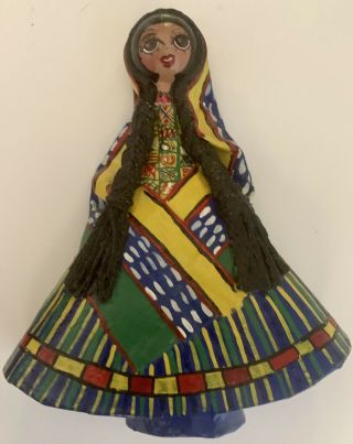 Vintage Mexican Painted Paper Mache Doll Mexico Folk Art Girl Signed