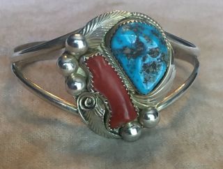 Vintage Navajo Sterling Signed Justin Morris Cuff Bracelet W/turquoise And Coral