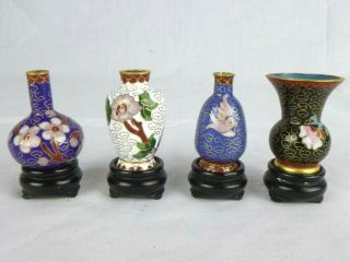 Set Of 4 Vtg Cloisonne Tiny Miniature Vases W/ Stands China 2 " Floral Birds