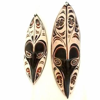 Wood Ancestral Ritual Mask Hand Carved Papua Guinea Sepik Pair 11 " And 15 " L