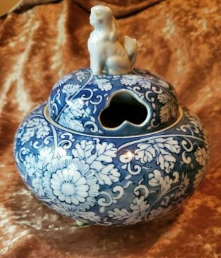 Vintage Porcelain Incense Burner,  White & Blue,  Signed,  Chinese Or Japanese