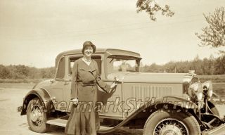 1930s Era Photo Negative Car Roadster Woman Posed W Auto Wire Wheel And Chrome