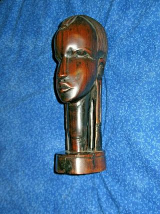 Hand Carve African Art Native Princess Woman Head Hard Wood Wooden 9 1/4 "