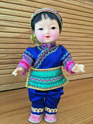 Vintage Composition Chinese/asian Girl Doll 8 1/2 " Dressed In Royal Blue Satin
