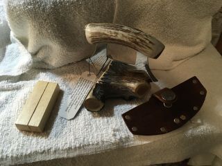 Ulu Knife Moose Antler Handle & Elk Antler Stand Leather Sheath Knife Estate