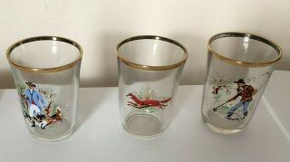 Vintage Shot Glasses X 3 Hunting Design Hand Painted Made In France