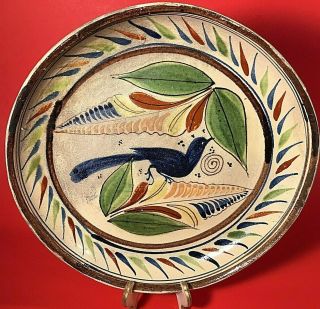 Mexican Pottery Bird Bowl Vintage Cobalt Blue Green Brown 10 Inch Hand Crafted