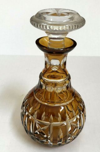 Vintage Bohemian Czech Art Glass Amber Cut To Clear Decanter Bottle With Stopper