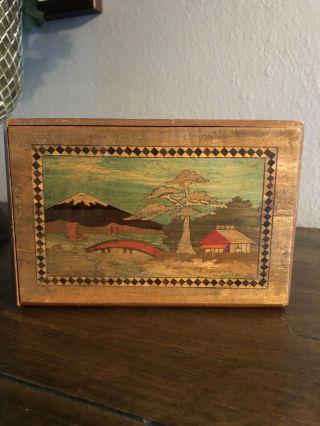 Vintage Japanese Marquetry Inlaid Hand Made Wood Wooden Trick Puzzle Box