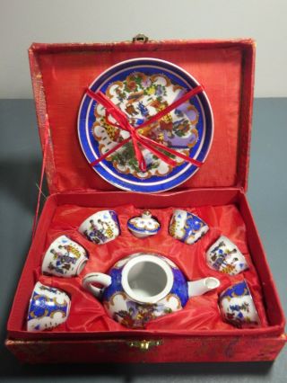 Vintage Chinese Miniature Tea Set With Tray Hand Painted In Red Silk Box