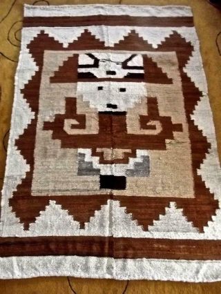 Vintage Mexican Hand Woven Figural Wool Beige Brown Rug Aztec Wall Textile 46x72