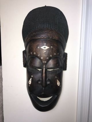 Vintage Carved Wooden African Mask Inlayed Art Tribal Ethnic Ritual
