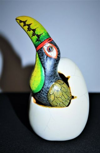 Vintage Mexico Folk Art Tonala Pottery Toucan Bird Hatching From Egg