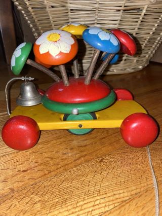 Kouvalias Flower Musical Pull Toy W/ String Wood Wooden Made In Greece Vintage
