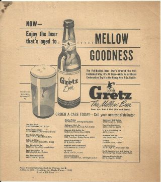 1952 Gretz Beer Newspaper Ad Proof - Philadelphia,  Pa