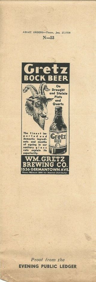 1938 Gretz Bock Beer Newspaper Ad Proof - Philadelphia,  Pa