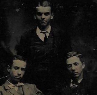 Tintype Photo T53 Group Of 3 Men W/ Tinted Cheeks Posing - 1 W/ Book On Lap